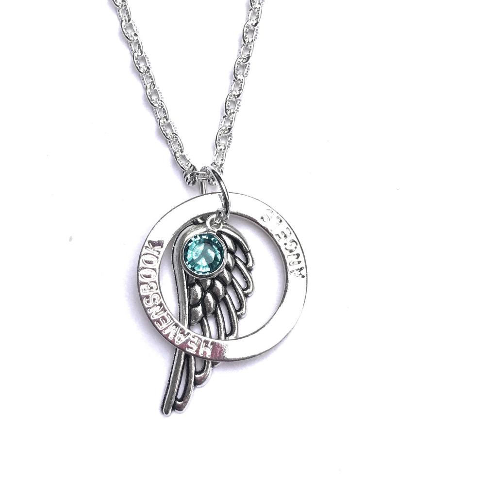 The necklace features initial charm, charm pendant and natural birthstone teardrop . Angel Wing Halo Necklace | The Grief Toolbox