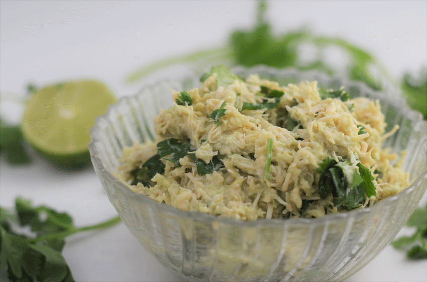 5 minute avocado chicken salad. Made with precooked chicken, fresh avocado, lime juice and cilantro. Whole30 compliant, low-carb, keto, Paleo, dairy-free, gluten-free, grain-free.