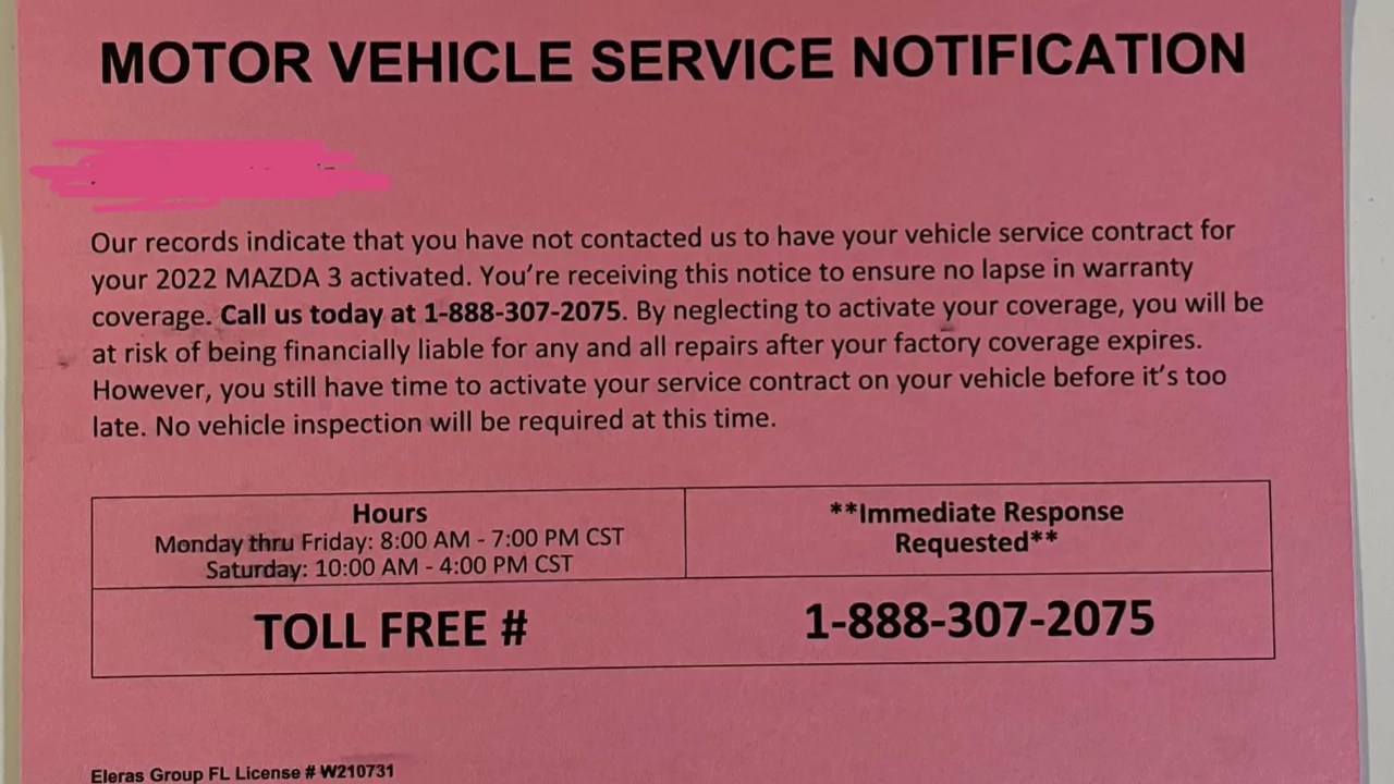 Received a Motor Vehicle Service Notification
