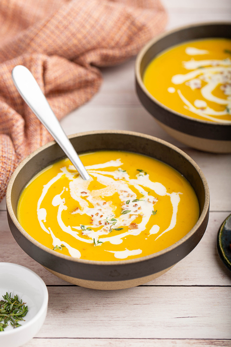 Creamy Roasted Pumpkin Soup | Sweet roasted pumpkin meets savory pancetta in this velvety soup that’s perfect for chilly fall days. #pumpkin #kabochasquash #soup #pancetta #onion #thyme #bayleaf #heavycream #fallrecipe #comfortfood #dinner #dinnerrecipe | The Missing Lokness