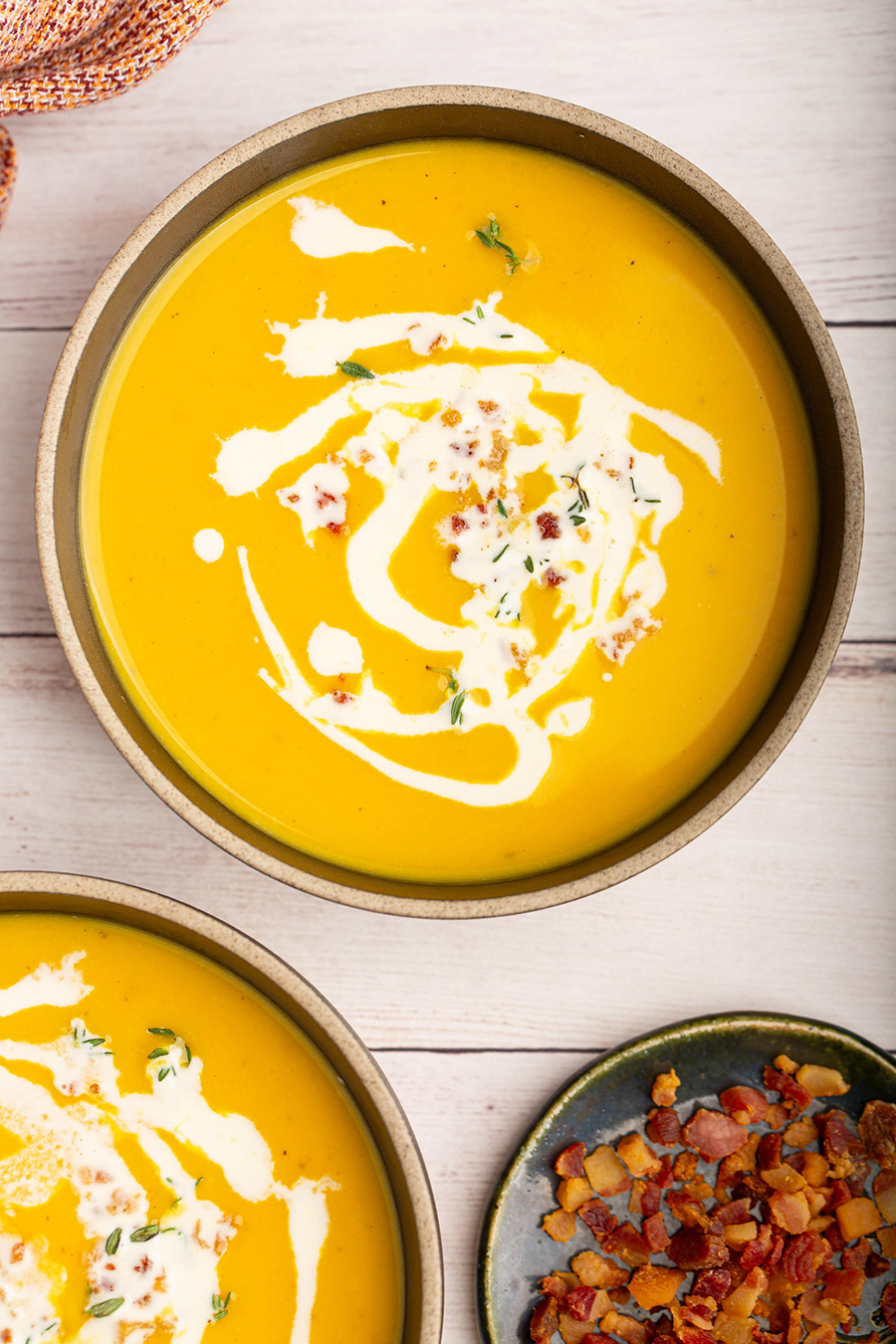 Creamy Roasted Pumpkin Soup | Sweet roasted pumpkin meets savory pancetta in this velvety soup that’s perfect for chilly fall days. #pumpkin #kabochasquash #soup #pancetta #onion #thyme #bayleaf #heavycream #fallrecipe #comfortfood #dinner #dinnerrecipe | The Missing Lokness