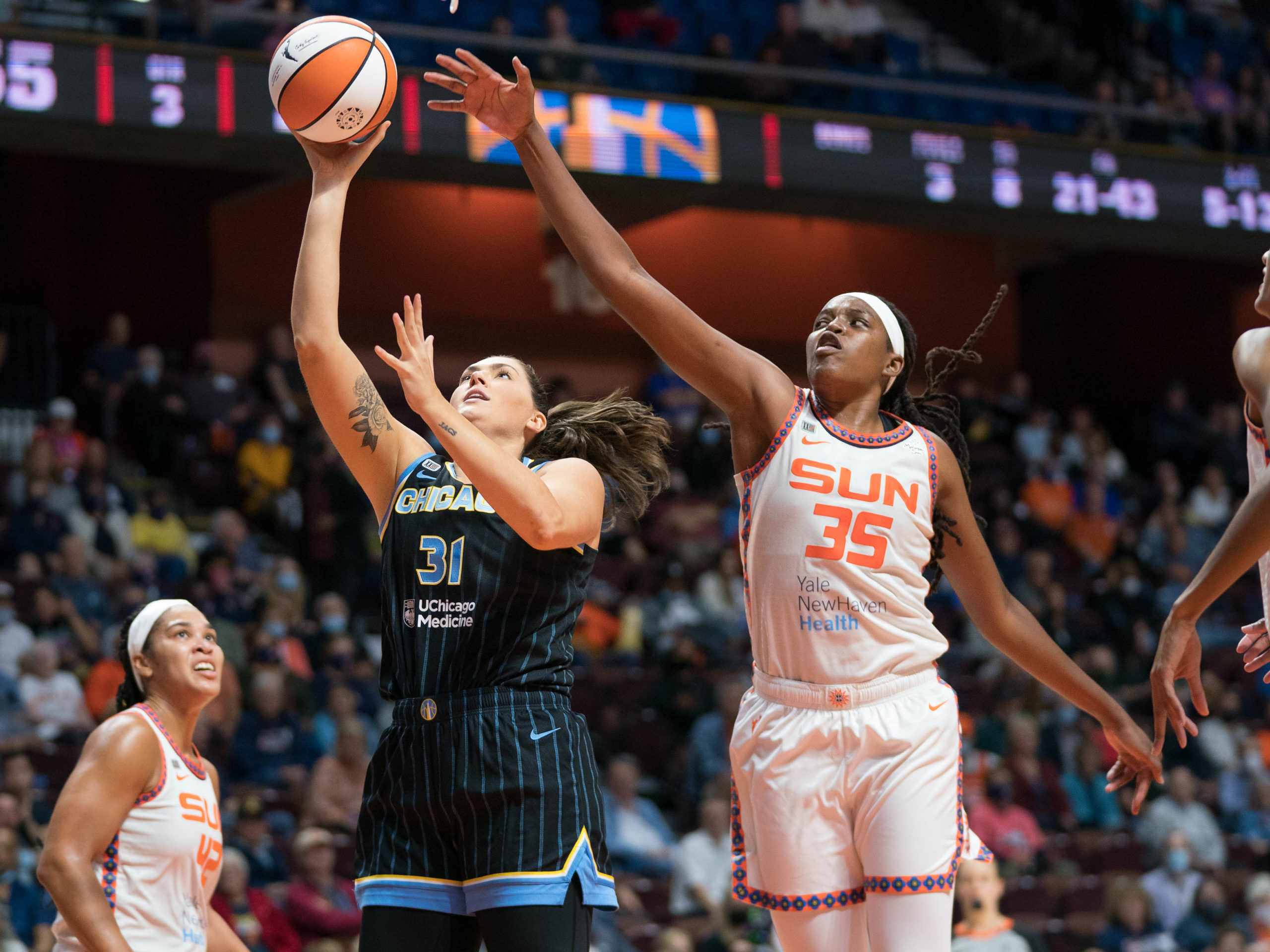 Chicago Sky forward Stefanie Dolson (31) shoots as Connecticut Sun center Jonquel Jones (35) defends during the WNBA Semifinals game between the Chicago Sky and the Connecticut Sun at Mohegan Sun Arena, Uncasville, Connecticut, USA on September 28, 2021. Photo Credit: Chris Poss