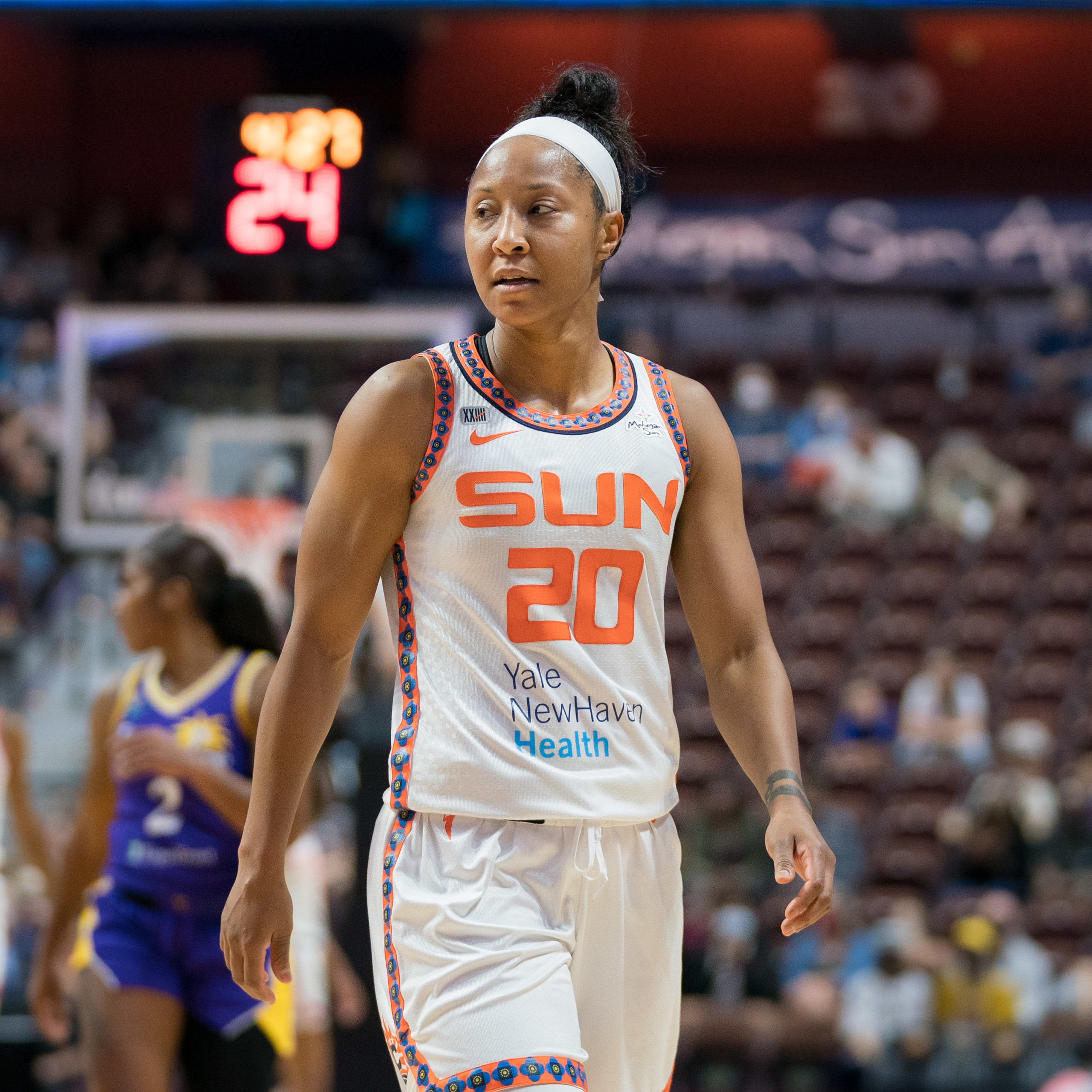 Connecticut Sun guard Briann January (20) during the WNBA game between the Los Angeles Sparks and the Connecticut Sun at Mohegan Sun Arena, Uncasville, Connecticut, USA on August 28, 2021. Photo Credit: Chris Poss