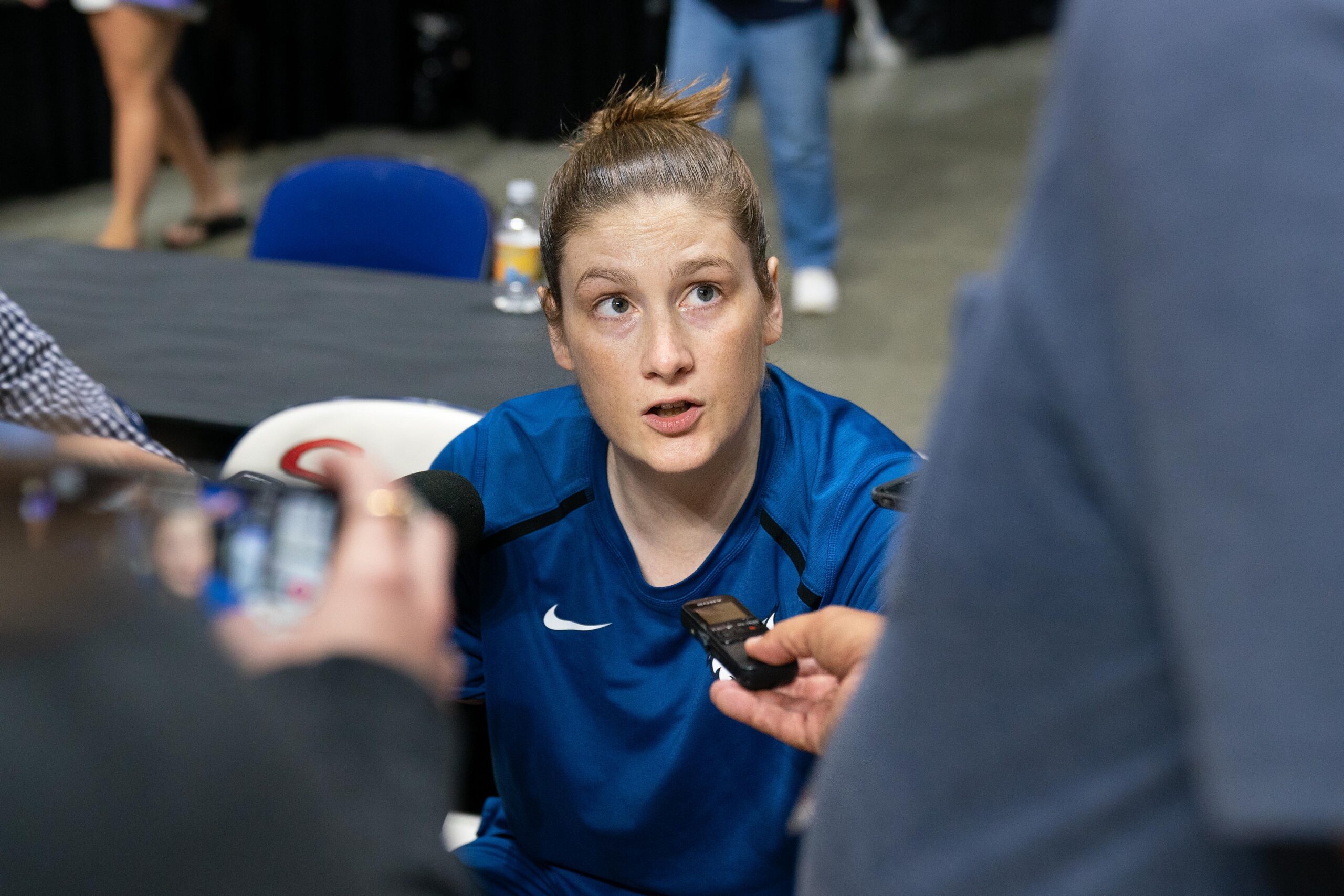 Uncasville, Connecticut/USA - Aug. 17, 2018: Minnesota Lynx guard Lindsay Whalen (13) talks with the media before a WNBA basketball game between the Minnesota Lynx and the Connecticut Sun at Mohegan Sun Arena. The Connecticut Sun defeated the Minnesota Lynx 96-79. Photo Credit: Chris Poss