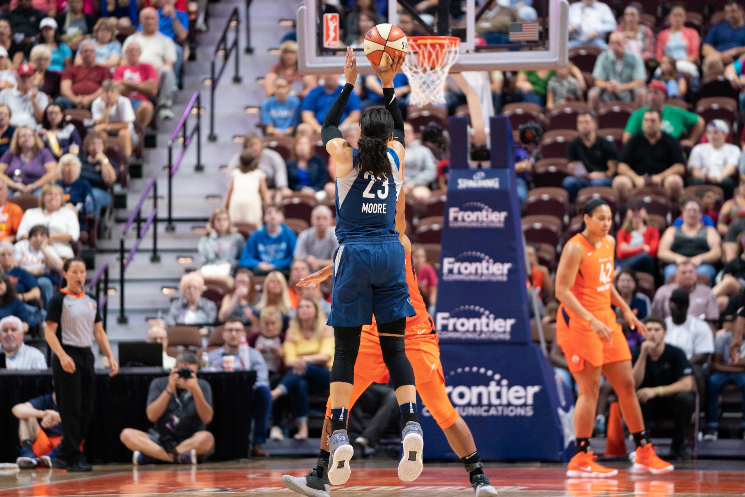 Uncasville, Connecticut/USA - Aug. 17, 2018: Minnesota Lynx forward Maya Moore (23) shoots during a WNBA basketball game between the Minnesota Lynx and the Connecticut Sun at Mohegan Sun Arena. The Connecticut Sun defeated the Minnesota Lynx 96-79. Photo Credit: Chris Poss