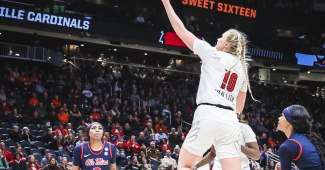 Louisville guard Hailey Van Lith shoots a left-handed layup as Mississippi defenders fail to contest.