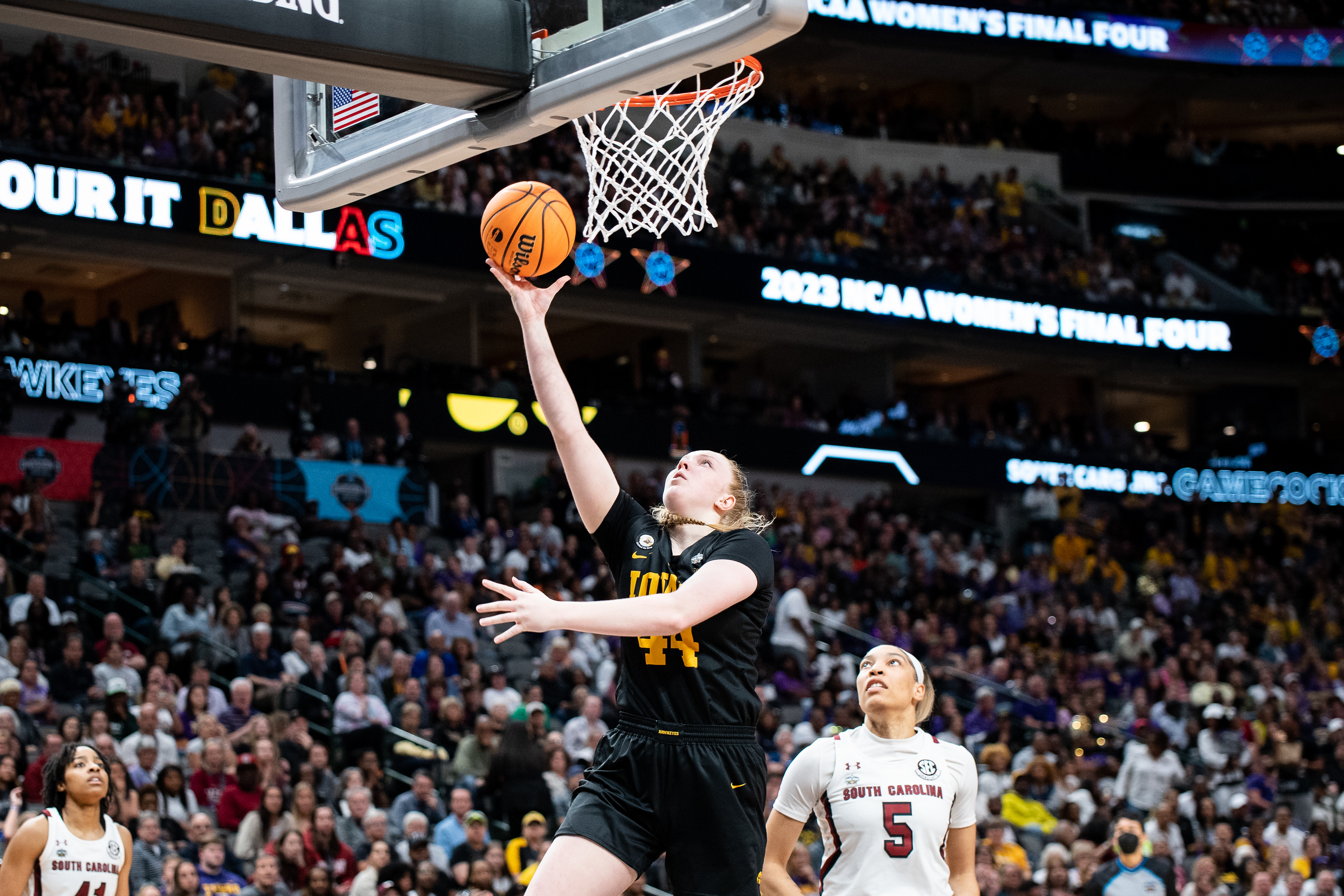 Iowa sophomore center Addison O'Grady (44) made an invaluable impact for the Hawkeyes in just 10 minutes on the floor in the Hawkeyes' Final Four game against South Carolina on March 31, 2023, in Dallas, Texas. Photo credit: Domenic Allegra.