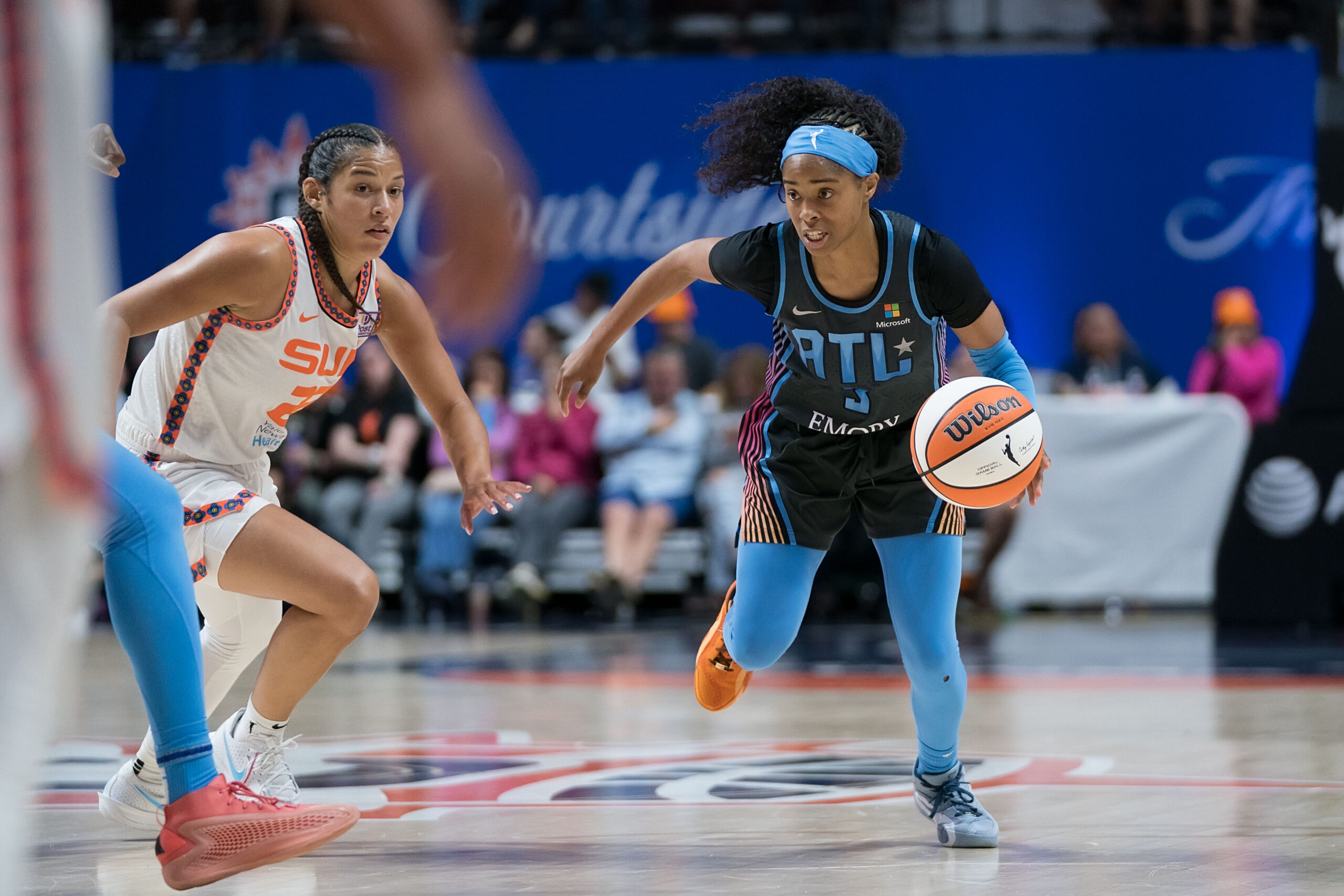 Atlanta Dream guard Jordin Canada (3) drives to the basket during the WNBA game between the Atlanta Dream and the Connecticut Sun at Mohegan Sun Arena, Uncasville, Connecticut, USA on June 28, 2024. (Photo Credit: Chris Poss | The Next)