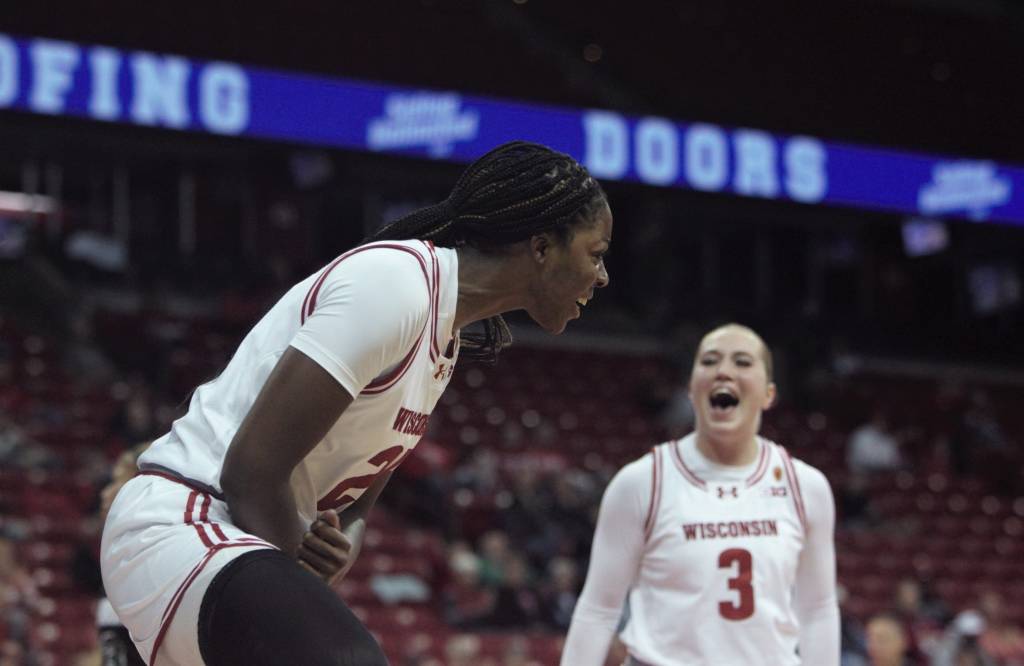 Serah Williams celebrates a made basket for Wisconsin.