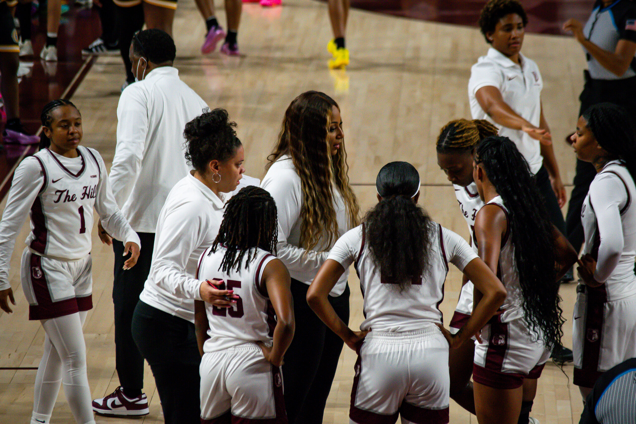 Coach Dawn Thornton during a timeout in a game against Oakwood during an exhibition on Nov. 4, 2025. (Photo credit: Alabama A&M Athletics)