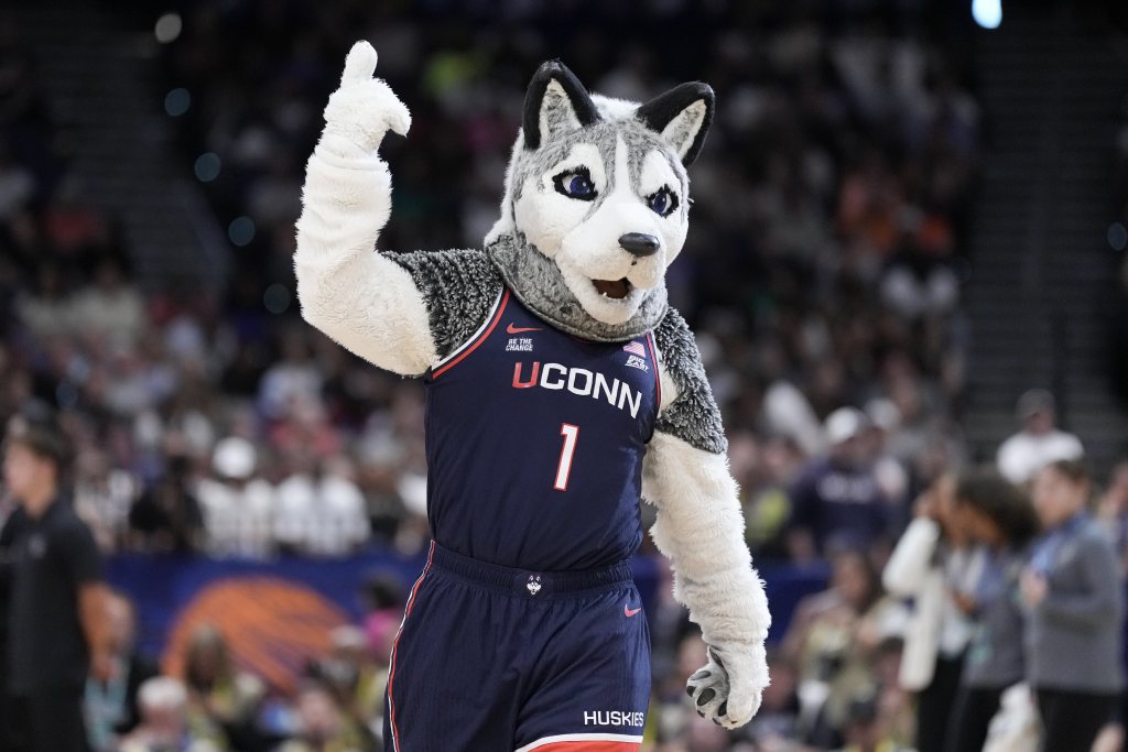 The UConn Huskie mascot performs during the 2025 NCAA national championship game. 