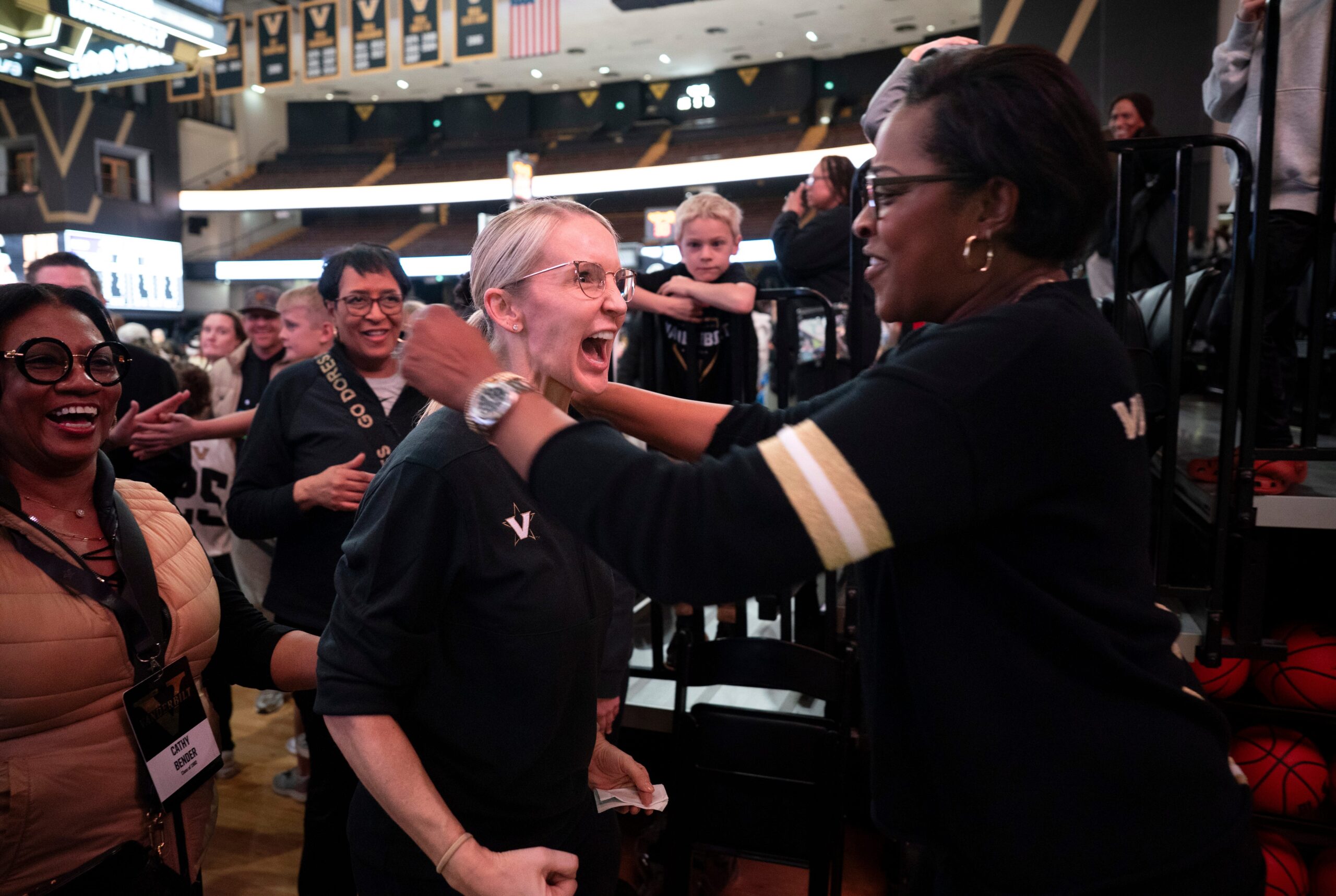 Vanderbilt coach Shea Ralph prepares to embrace Vanderbilt University Athletics Director Candice Storey Lee after beating Louisiana State University at Memorial Gymnasium Sunday, Jan. 4, 2026.