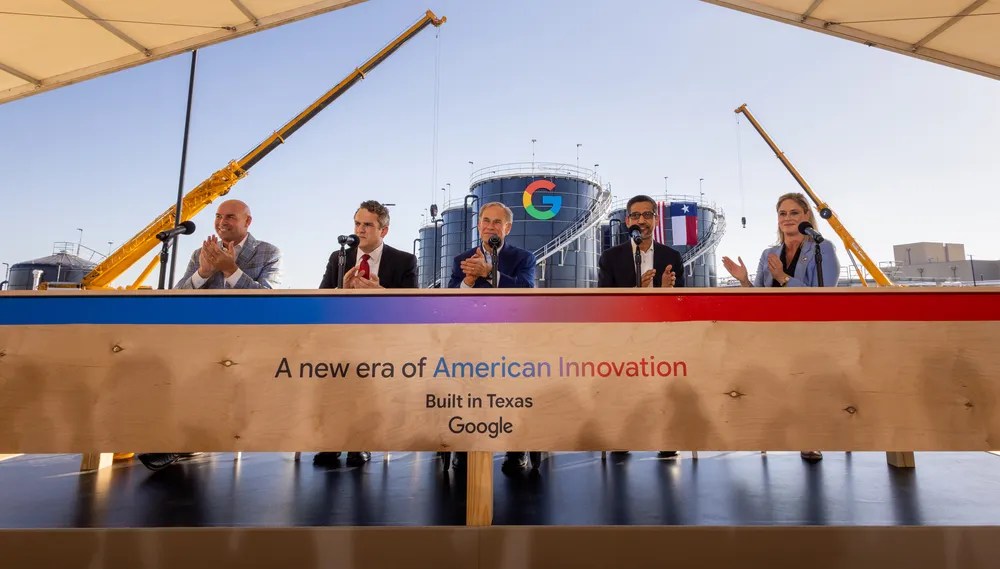 At a community celebration in Midlothian, TX, Congressman Jake Ellzey, U.S. Deputy Secretary of Energy James Danly, Governor Greg Abbott, CEO of Google and Alphabet Sundar Pichai, and Google Senior Director Amanda Peterson Corio announce a new investment in Texas.