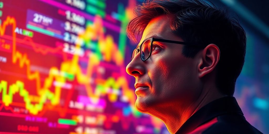 Man analyzing stock market movements on a glowing screen.