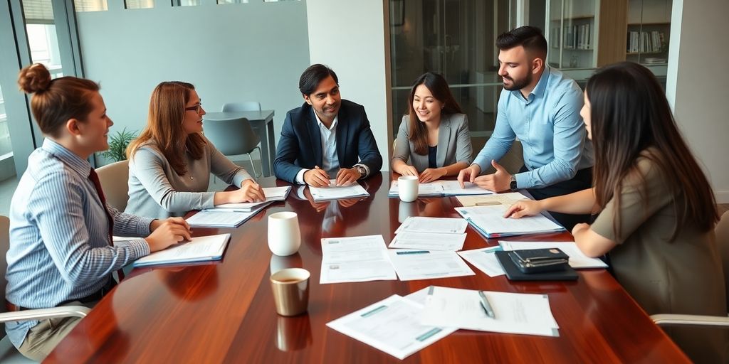 Business professionals reviewing documents on a table.