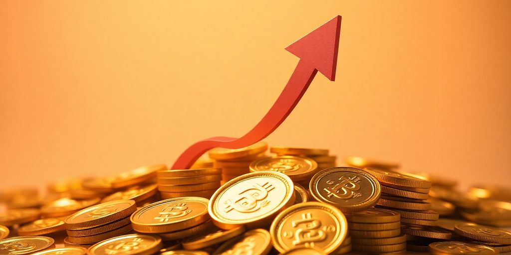 A vibrant rising arrow against a backdrop of golden coins.