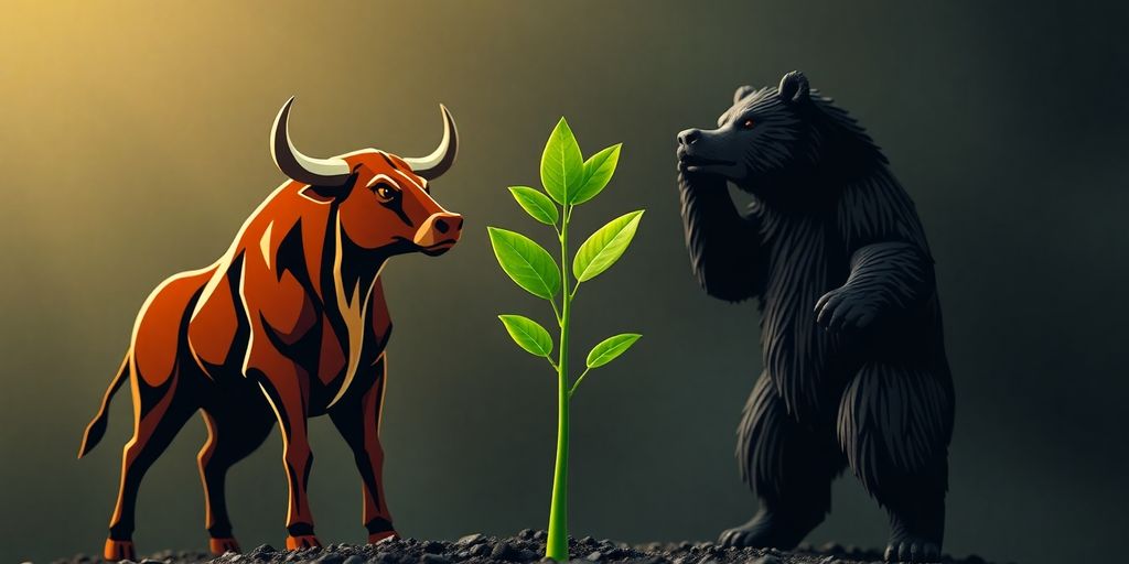 Bull and bear figures beside a growing green sprout.