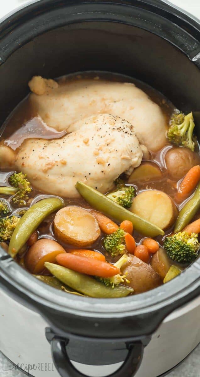 Slow cooker honey garlic chicken and vegetables + video