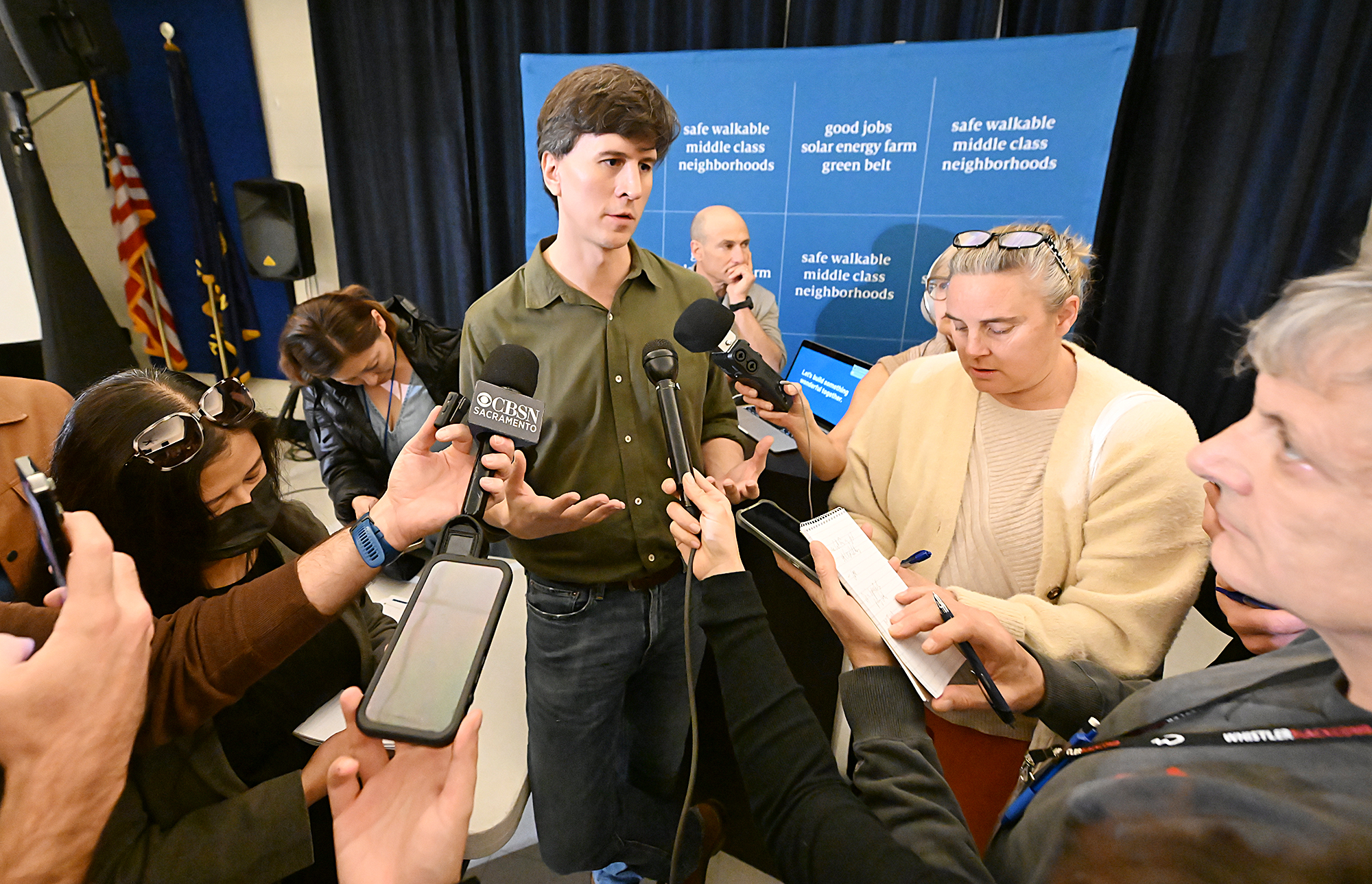 California Forever CEO Jan Sramek talks to journalists after the company announced the proposed location of the new city they would like to create west of Rio Vista. (Chris Riley/The Reporter)