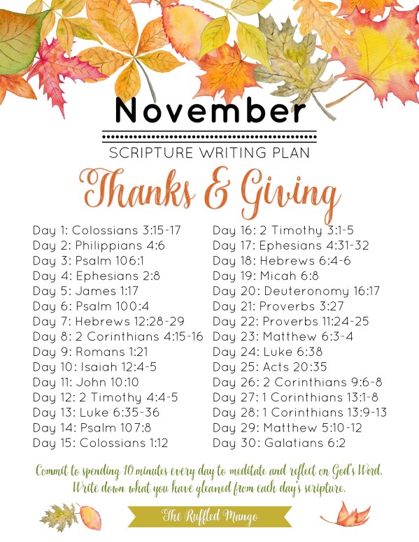 We have yet another excellent list of scriptures that will help guide your study this month and get you into the “thanking” and “giving” spirit!