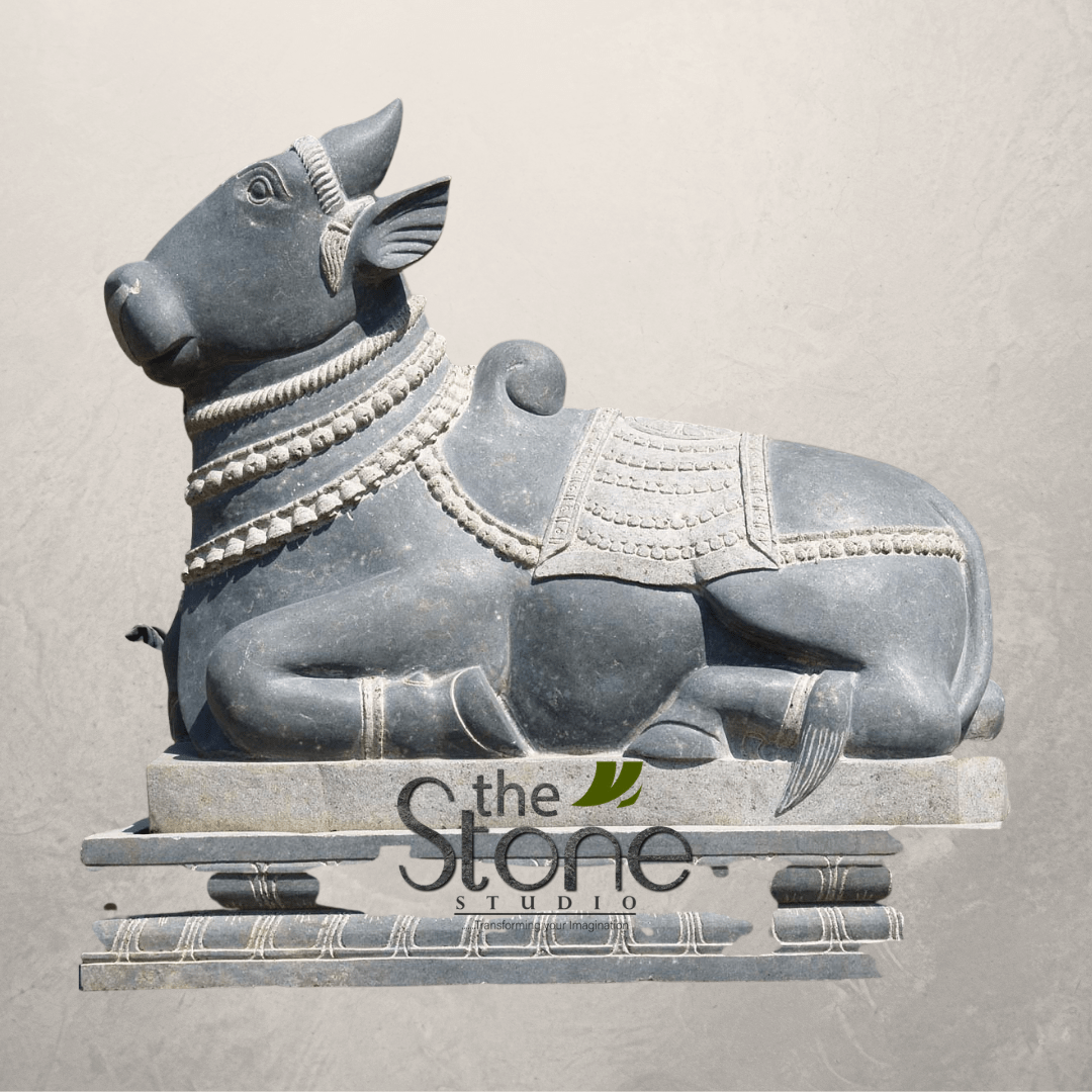 Nandi Statue in Black Designed Stone 2ft - The Stone Studio