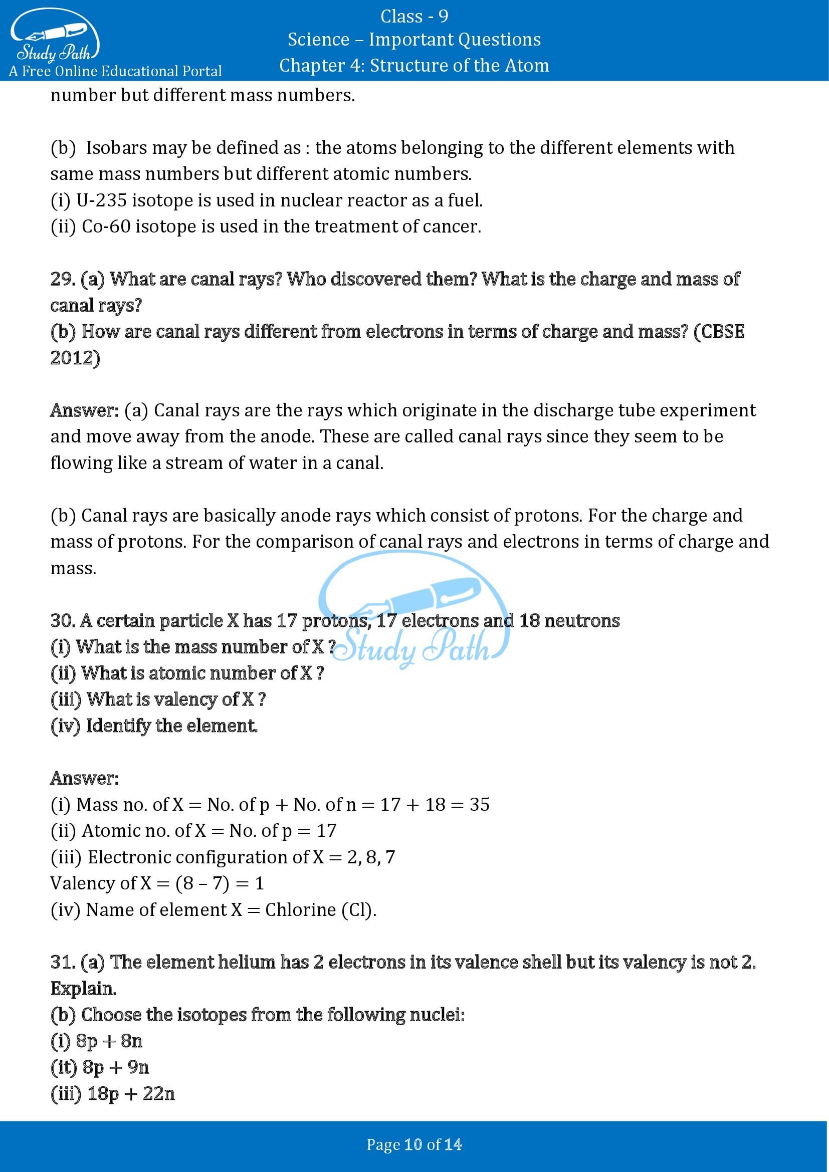Important Questions For Class 9 Science Chapter 4 Structure Of The Atom
