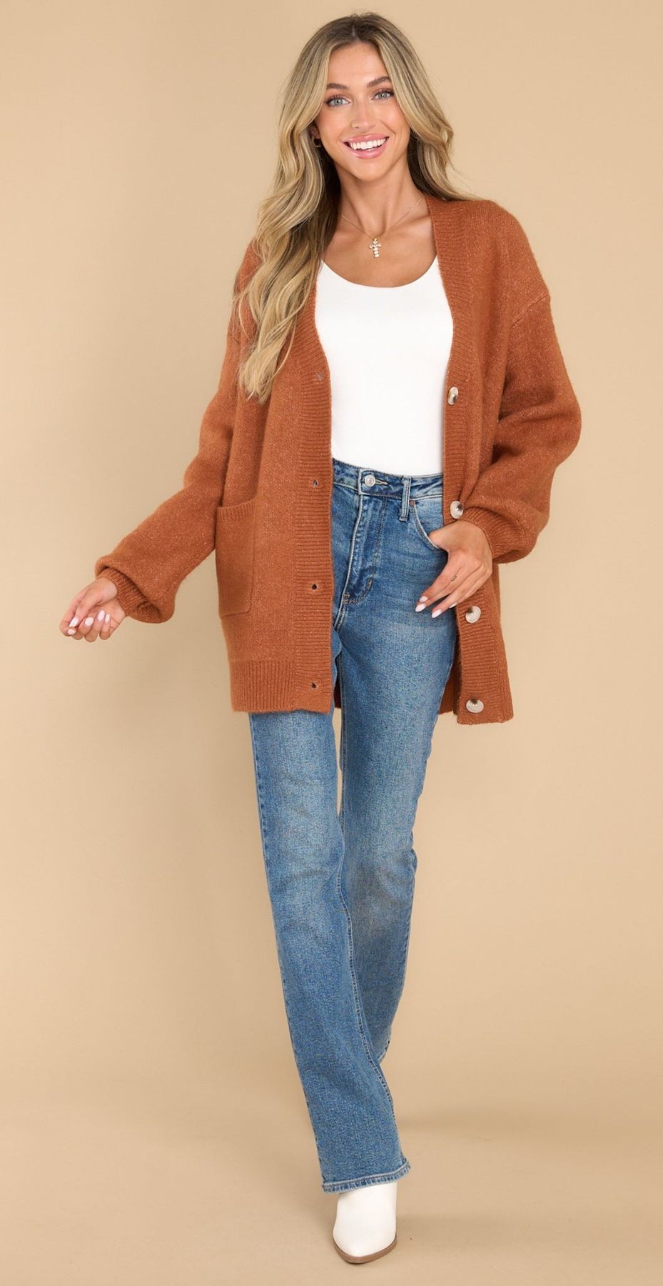 Rust Cardigans with Straight-Leg Jeans
