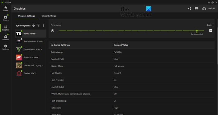NVIDIA アプリのグラフィック タブ NVIDIA アプリのグラフィック タブ