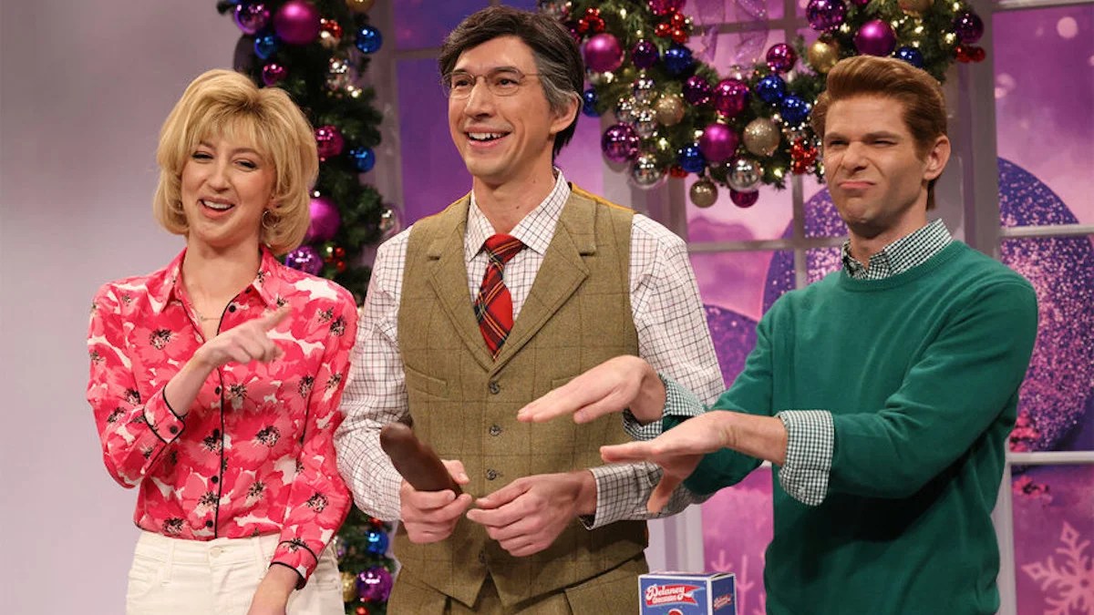 Adam Driver with Heidi Gardner and Mikey Day on "Saturday Night Live" (Credit: Will Heath/NBC)