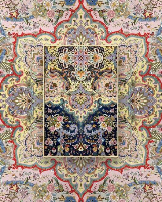 An acrylic painting of decorative carpet patterns installed on a wall with similar symmetrical patterns.