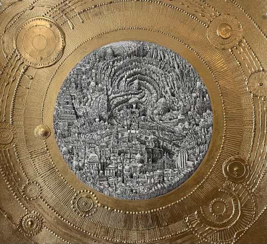 a black-and-white drawing of an undulating, imagined city in a circular composition surrounded by gold paint like a frame