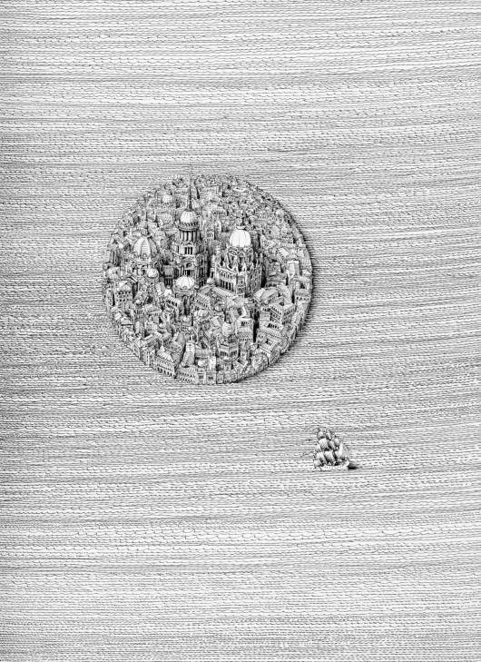 a detail of a drawing with a circular city in the middle and a ship in the sea