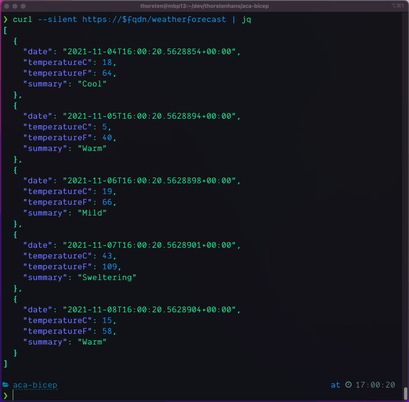 ASP.NET Core Weatherforecast running in Azure Container Apps