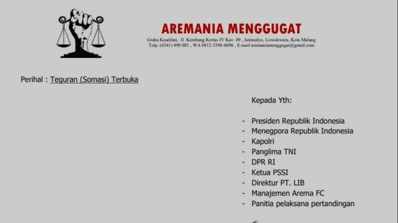 Aremania Somasi Jokowi ke Pengadilan Internasional, Gugat 9 Tuntutan