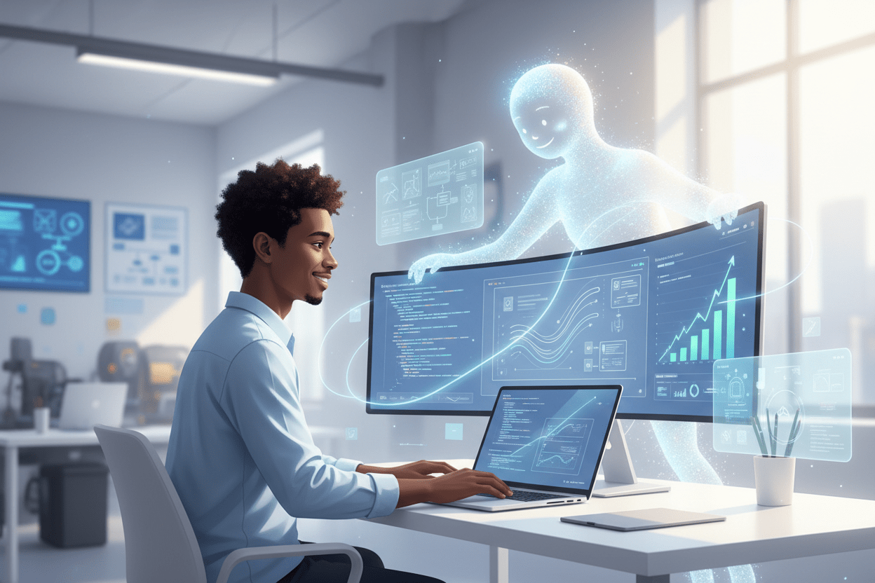 AI-generated illustration of a modern product developer using generative AI tools.