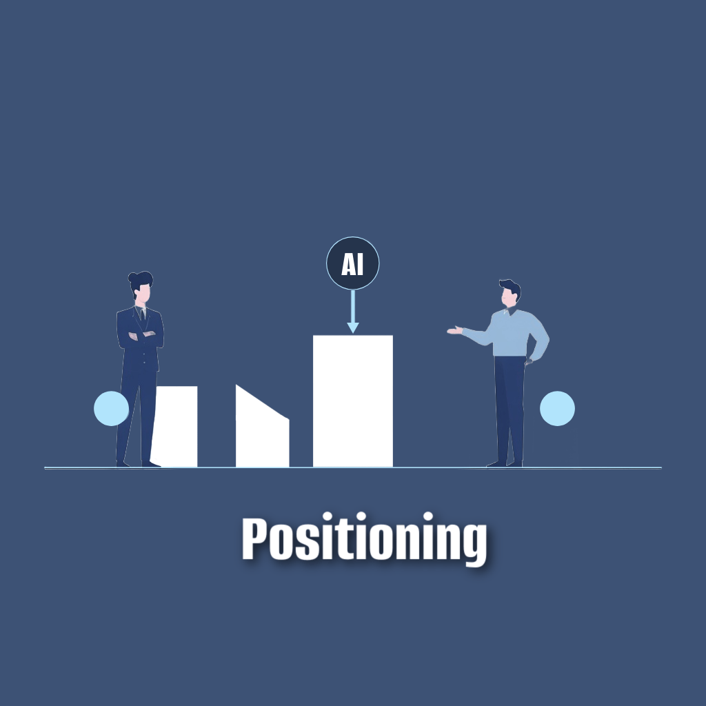 Illustration of product positioning showing an AI solution standing taller than competitors, with two business professionals evaluating it