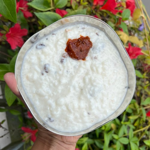 South Indian curd rice served in a bowl with pickle