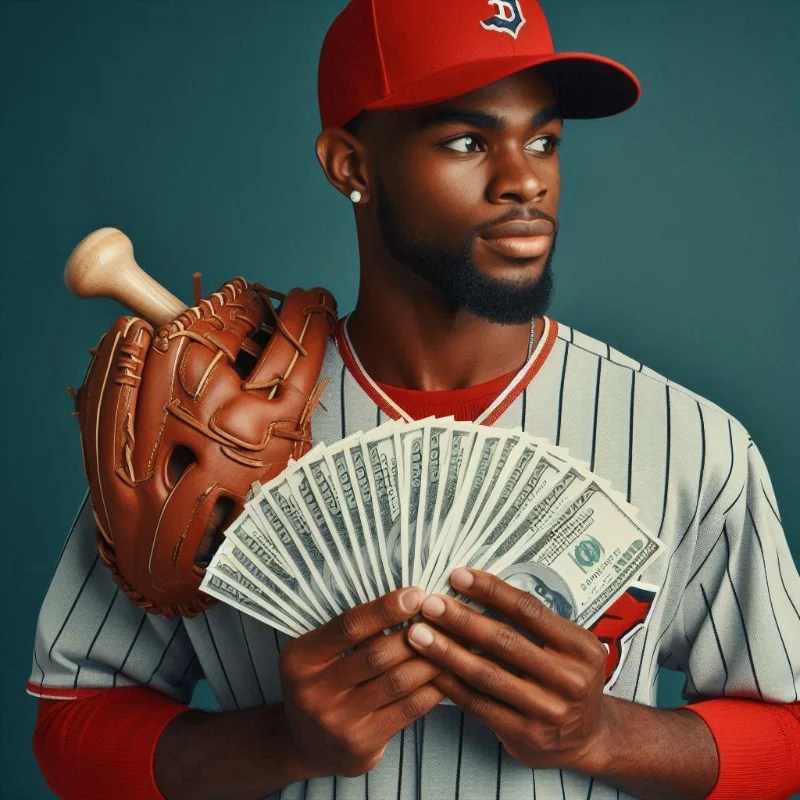 A baseball player holding a lot of cash. Is it a better season?