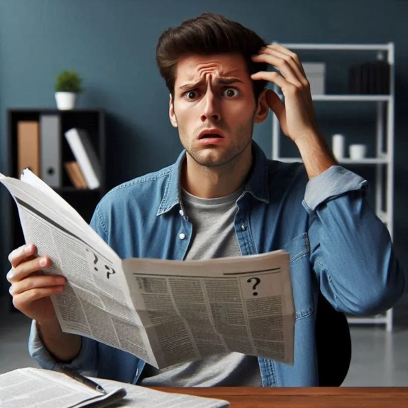 A man confused by reading the media headline in a newspaper