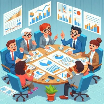 A group of cartoon statisticians discussing data around a table