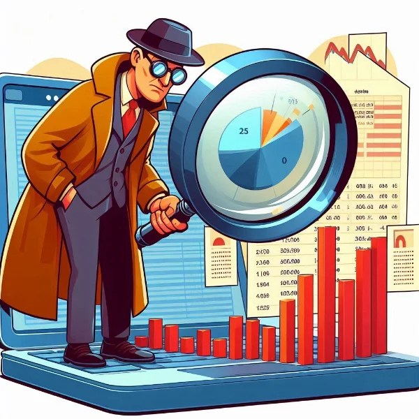 A cartoon of a detective with a magnifying glass looking at data