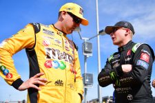 Nov 5, 2022; Avondale, Arizona, USA; NASCAR Cup Series driver Kyle Busch (18) speaks with driver Ty Gibbs (54) during qualifying at Phoenix Raceway. Mandatory Credit: Gary A. Vasquez-USA TODAY Sports