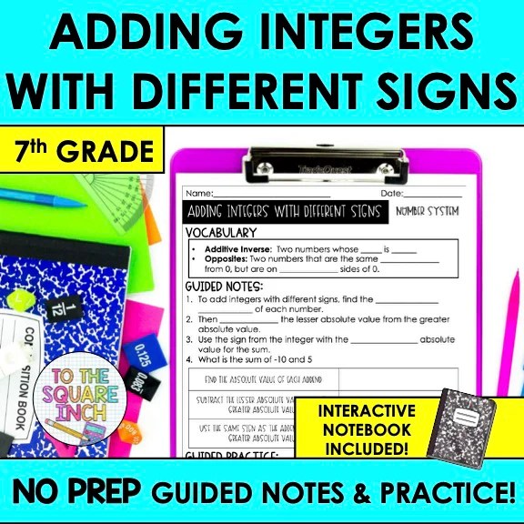 Adding Integers With Different Signs Notes To The Square Inch