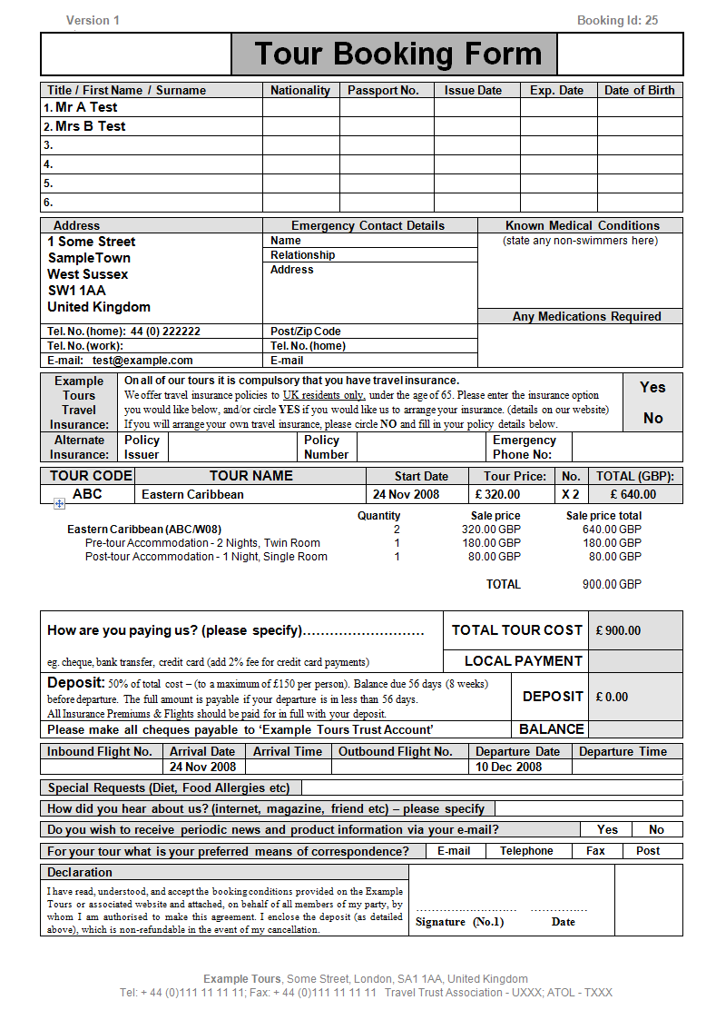 Booking Form Template Free Download