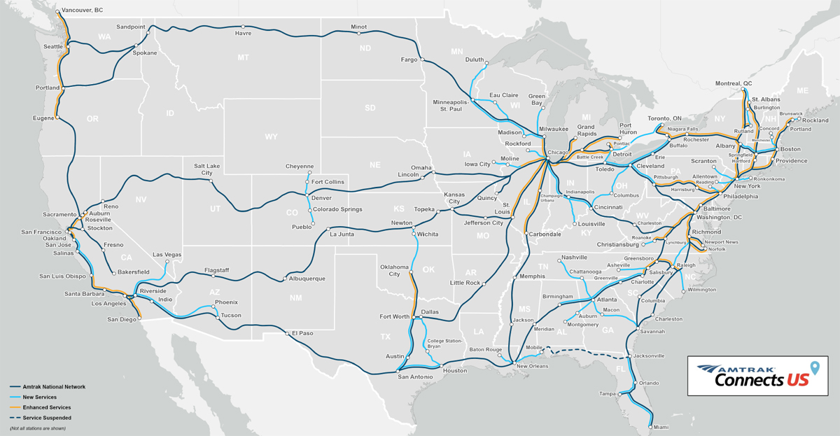 Amtrak Unveils Connects US Map That Suggests New Corridors Trains TRN Amtrak Plan Map 