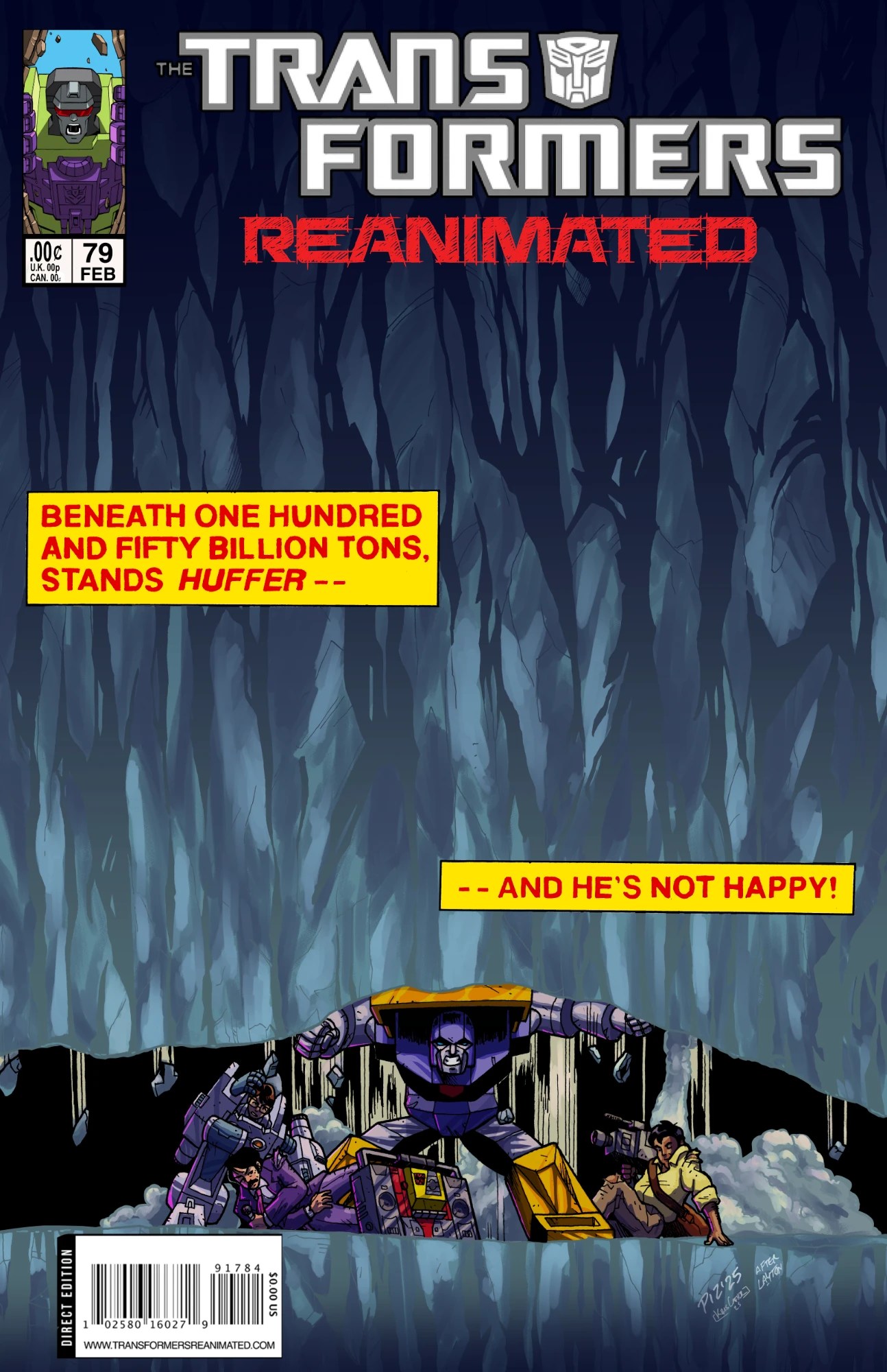 The cover for The Transformers Reanimated issue 79 features Huffer holding up a falling rock ceiling from coming down on Chip Chase, Blaster, and Hector Ramirez