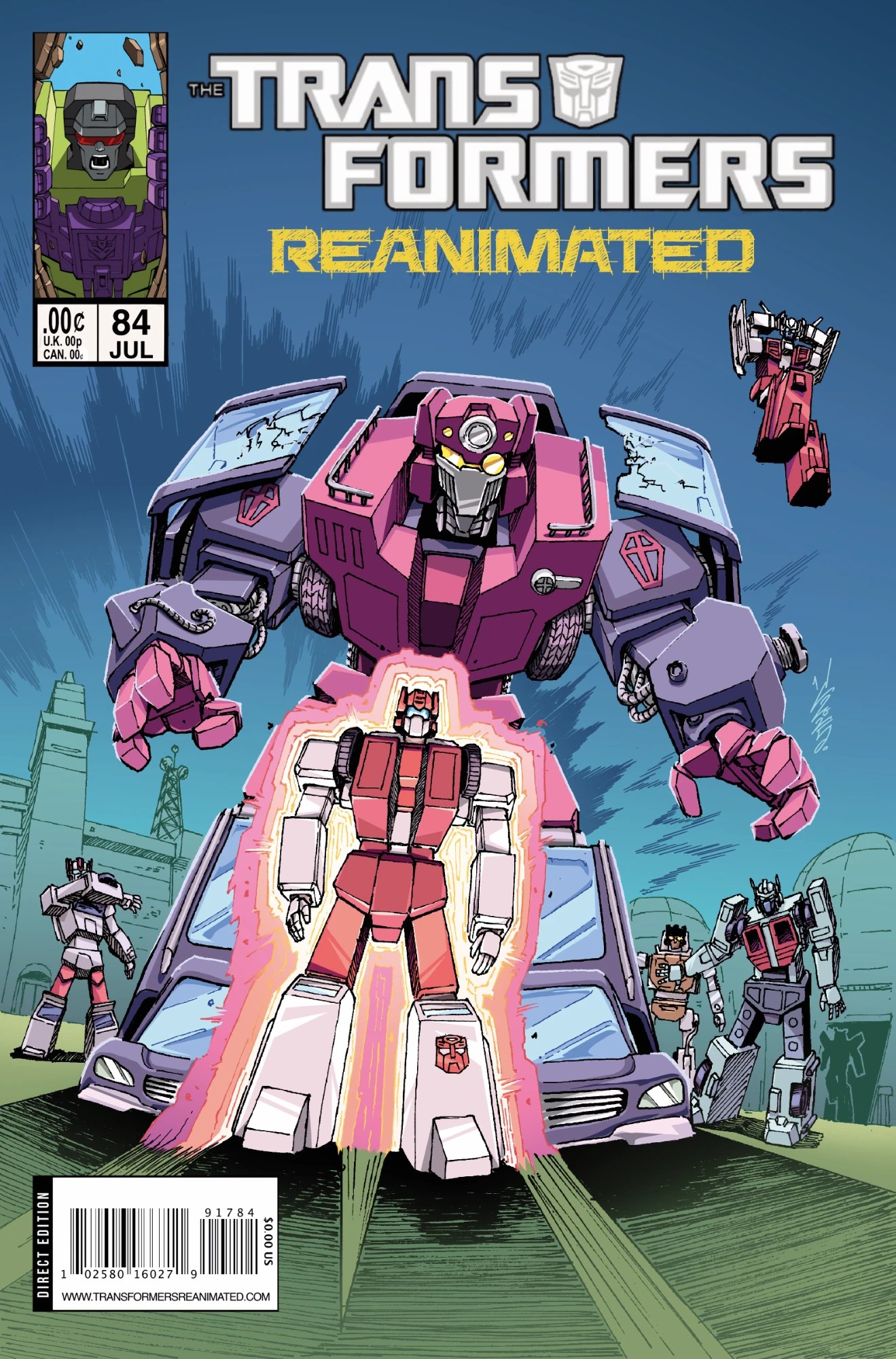The cover for The Transformers Reanimated features the Autobot Protectobot, First Aid, morphing and growing into a supersized hulking transformer known as Kludge while surrounded by the rest of the Protectobots.