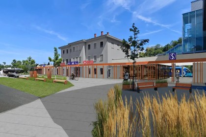 Modernizované vlakové nádraží Steyr s otevřeným přístupem a zeleným nádvořím Autor vizualizace © ÖBB