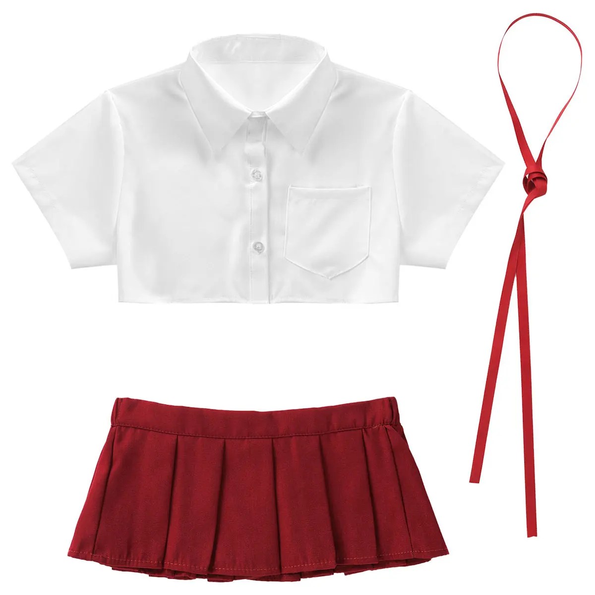 Womens Femme Naughty School Girl Cheerleader Cosplay Costume Turn-down Collar T-shirt Crop Tops with Ribbon Mini Pleated Skirt - Imagen 2