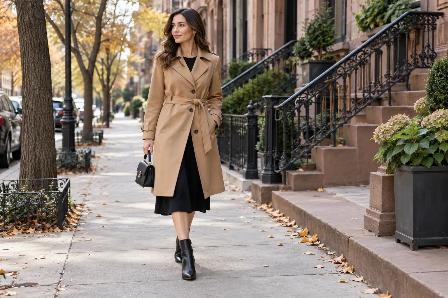 Woman styling a belted camel trench coat with a black midi dress and ankle boots